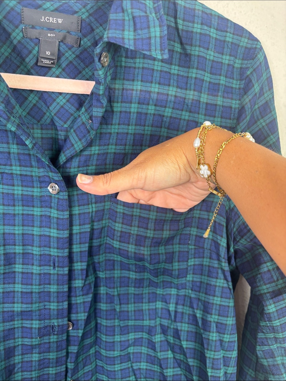 J. Crew Boy Shirt Button Down Long Sleeve Navy Blue Green Plaid Sz 10 - Picture 6 of 11